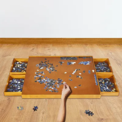 Produktbild von GOPLUS Puzzleplateau aus Holz, Puzzletisch mit 4 Schubladen, Puzzle-Speichersystem für 1000-1500 Stück, Puzzleunterlage mit ebener Arbeitsoberfläche, Puzzlematte, 80 x 65cm