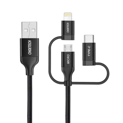 Produktbild von Choetech 3-in-1 USB-Kabel: MFI Lightning / USB Typ C / Micro USB, Datenbertragung 480 Mbps, Ladefunktion 3A - 1,2 m Schwarz (IP0030-BK)