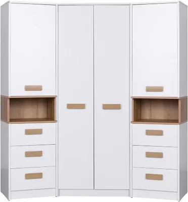 Produktbild von DESIGN MÖBEL Eckkleiderschrank Set Gustavo 17 – Eckschrank mit 2 Regalen, Soft-Close, Kleiderschrank, Einlegeböden, 143x195x40 cm, Weiß/Eiche Riviera