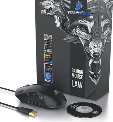 A gaming mouse and its packaging are displayed on a white background.