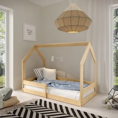 Produktbild von Masseno Kinderbett FLORA 80x160 cm mit Rausfallschutz, Einzelbett für Mädchen und Jungs, Hausbett für Kinder, Kiefernholz