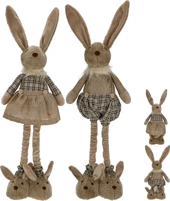 Produktbild von Osterhasenpaar Mann Frau mit Teleskopbeinen max. H72cm Polyester Metallbeine Brauntöne Hasenschuhe Osterdekoration