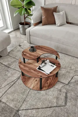 Produktbild von Skye Decor, Kaffeetisch Set (2 Teile), Walnuss, Durchmesser: 70 cm, Höhe: 38 cm | 100% MDF, Komprimierte Kraftbeine | Modernes Design, Ideal für Wohnzimmer und moderne Räume.