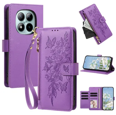 Produktbild von Handyhülle für Xiaomi Redmi Note 15 Pro 4G, Wallet Case Kunstleder mit Kartenfächern, Reißverschluss und Handschlaufe Lila