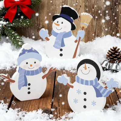 3 Holz-Weihnachtsaufsteller Schneemann & Weihnachtsmann, 12–13 cm, weiß