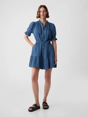 Produktbild von GAP Musselin Minikleid für Damen, Langarm mit gerafften Ballonärmeln, Dunkelblau, 100% Baumwolle, XS