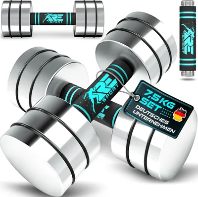 Zdjęcie produktu dla Zestaw 2 sztuk hantli RE:SPORT® z litej stali, kolor turkusowy, 2 x 7,5 kg | Hantle z obciążeniem i uchwytem z pianki | Hantle do domowej siłowni, trening siłowy i budowa mięśni