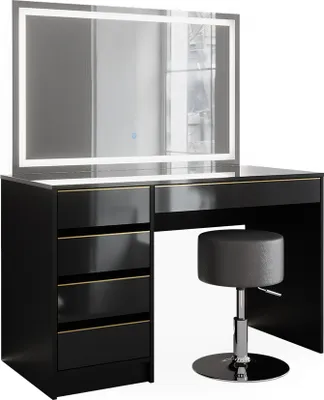 Produktbild von Schminktisch Vicco Sherry Schwarz/Gold 120 cm mit LED-Spiegel und Hocker, Model 47714
