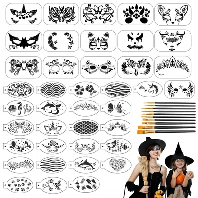 Produktbild von Gesichtsmalerei Schablonen Set 50 Stück wiederverwendbar mit 10 Stiften für Halloween Party Make-up