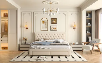 Produktbild von Doppelbett 180x200 mit Stauraum und gepolstertem Kopfteil, Eisenschubladen, Samt, Beige