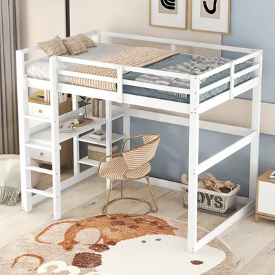 Produktbild von Hochbett, 140x200 cm, Doppelbett mit Lattenrost, Leiter, Schreibtisch und Regalen, Holzbett aus Kiefer