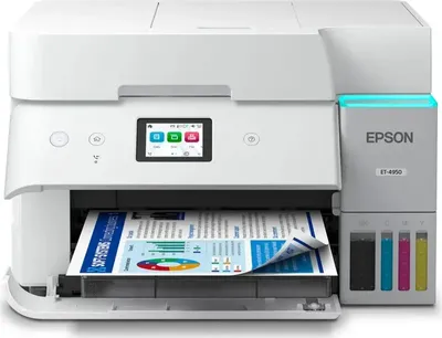 A white Epson EcoTank ET-4956 multifunction printer is shown from the front, with a document partially printed.