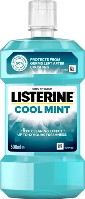 A bottle of Listerine Cool Mint mouthwash against a white background.