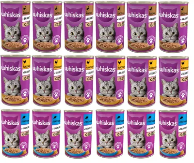 Zdjęcie produktu dla Whiskas karma dla kota Adult 1+ mix smaków w galaretce z tuńczykiem, kurczakiem i kaczką 18 puszek (18 x 400g)