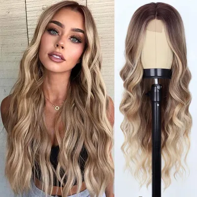 Productafbeelding van Minicee Lange Blonde Pruik voor Dames, 70cm, Golvend, Ombre Blond-Bruin, Synthetisch