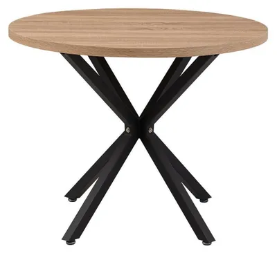 Immagine prodotto di Tavolo rotondo da pranzo, diametro 100 cm, color marrone chiaro, con gambe in metallo nero, adatto per 4-6 persone