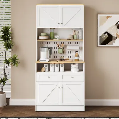 Image de Buffet blanc avec 2 tiroirs et 4 portes | Meuble de rangement pour cuisine, salle à manger ou salon | Fabriqué en panneaux de particules et MDF | Structure en bois naturel