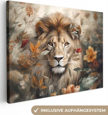 Zdjęcie produktu dla MuchoWow® - Obraz na płótnie - Lew - Dzikie zwierzęta - Rośliny - Natura - Kwiaty, fototapeta, dekoracja ścienna, obrazy do salonu, 40x30cm