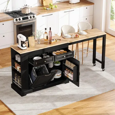 Produktbild von Mobile Kücheninsel auf Rollen Ausziehbar Schwarz Natur Küchenwagen mit Mülleimerfach Schubladen Servierwagen Küchentheke Esstisch MDF 116x45x92cm