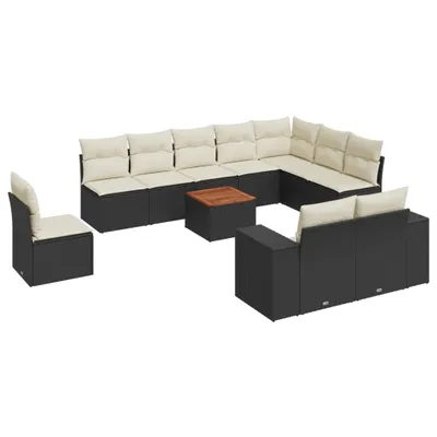 Produktbild von Modulares Garten-Sofaset, 11-teilig, mit Stauraum, wasserabweisenden Beuteln, Poly Rattan Schwarz, Akazienholz-Tischplatte, Cremeweiße Kissen
