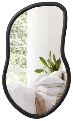Productafbeelding van Wandspiegel, hout, asymmetrisch, 75x45 cm, zwart, decoratief, geschikt voor woonkamer, slaapkamer en badkamer