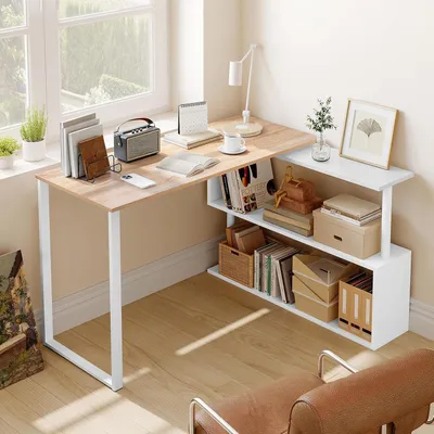 Produktbild von L-förmiger Schreibtisch mit drehbarem Regal - Eckschreibtisch in Weiß und 360° Bücherständer, geeignet für Schlafzimmer, Wohnzimmer und Büro, 120x100x74cm