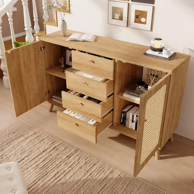 Produktbild von MODFU Sideboard Kommode mit 4 Schubladen und Metallscharnieren,Wohnzimmerschrank mit herausnehmbaren Fachboden und Magnetverschlüssen,helle Eiche