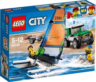 LEGO City set packaging showing a catamaran and a vehicle on a beach.