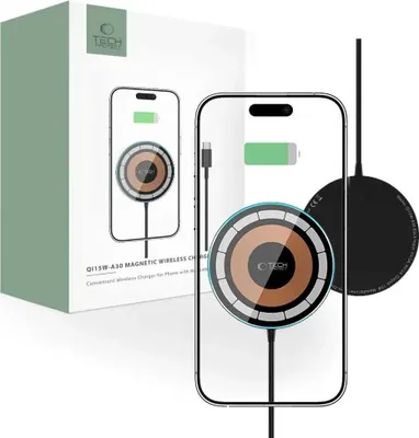 Zdjęcie produktu dla adowarka indukcyjna Tech-Protect QI15W-A30, MagSafe, z kablem USB-C, czarna
