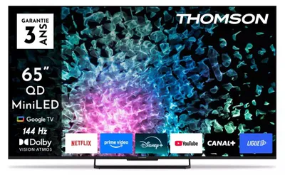 Produktbild von Thomson Q70 Series Smart MiniLED TV 65; Google TV; 3840 x 2160 (4K UHD), 1500000:1, LED, 144 Hz, DVB-T/T2/C/S/S2, HDR10, Wi-Fi, Bluetooth, LAN, HDMI 4 (2.1), USB 2 (2.0) + 1 (3.0), Central Stand, Black, 165,1 cm (65"), 3840 x 2160 Pixel, QD-Mini LED, Smart-TV, WLAN, Schwarz