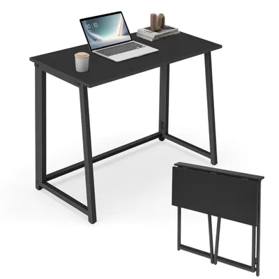 A black folding desk is shown in two states: assembled and folded, against a white background.