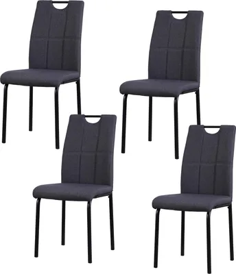 Four dark gray dining chairs are arranged in a 2x2 grid against a white background.