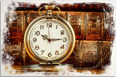 Produktbild von Kunstdrucke Wandbilder Holz in : Brillante Farben, Größe 60 x 90 cm Motiv Alte Taschenuhr vor antiken Büchern