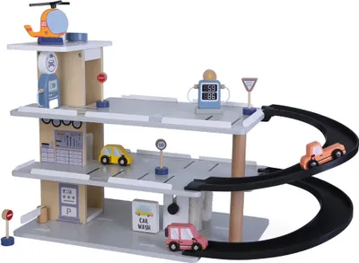 Produktbild von Bandits & Angels Holz-Spielzeuggarage, Parkplatz, Autowaschanlage mit 3 Etagen, Aufzug und Autowaschanlage – Inkl. Autos – Spielzeug-Autogarage Holz – Grau