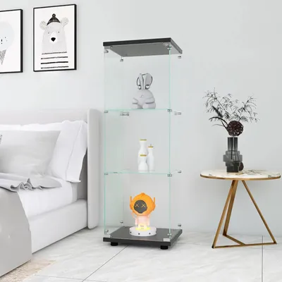 Obrázek produktu pro Skleněná vitrína – vitrína na sbírky – 3 police – s dvířky – minimalistický moderní design – volně stojící, vertikální – černá