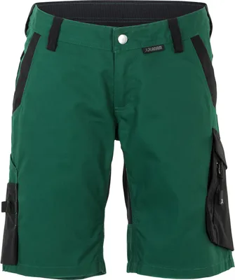 A pair of green and black work shorts.