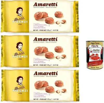 Produktbild von Matilde Vicenzi - Biscotti Amaretti, Pasticcini Tradizionali, Knusprig und bröckelig kekse, buiscuits mit Mandeln aus Sizilien, 3x 175 g + Italian GOurmet polpa 400g