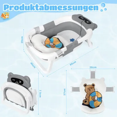 Produktbild von Ikodm Faltbare Baby Badewanne 66 × 40 cm mit Badematte, Temperaturstopfen und Bärenmotiv, 0–12 Monate, Grau