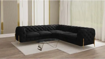 Produktbild von S-STYLE MÖBEL - Chesterfield Ecksofa Nova mit Goldene Metall Füßen aus Schwarz Samtstoff, B/T/H: 264 cm/ 264 cm/ 75 cm
