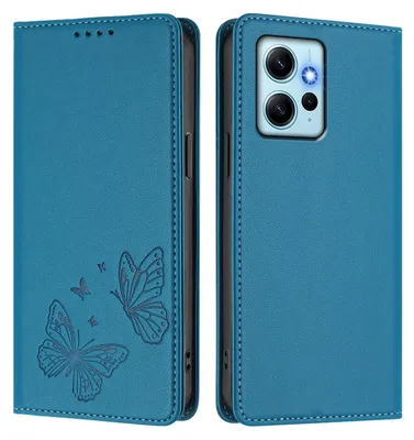 Produktbild von Lederhülle für Xiaomi Redmi Note 12 4G, Schmetterling Prägung Leder Brieftasche Schutzhülle mit Ständer Blau