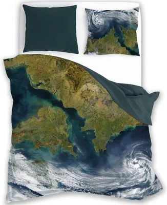 Produktbild von Unyqoos® Baumwoll-Bettbezug-Set 'Earth' – Einzelbett 140 x 200 cm, Kissen 70 x 90 cm (extra groß), Satelitendesign, 100% Baumwolle, waschbar 40°C, trocknergeeignet