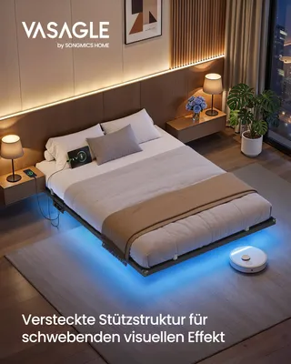 Produktbild von VASAGLE Bettgestell 140 x 200 cm mit LED-Beleuchtung, USB-C-Anschluss, Steckdosenleiste, Schlafzimmer, trägt bis 500 kg, schwarz