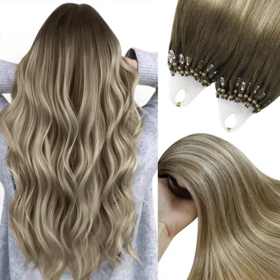 Immagine prodotto di Estensioni a microanello in capelli naturali, tecnica balayage, colore marrone-biondo, lunghezza 55 cm, confezione da 50 grammi (50 ciocche da 1 grammo)