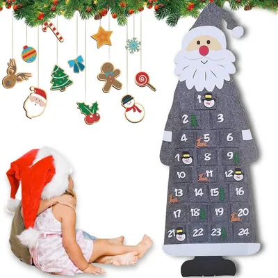Image de Calendrier de l'Avent en feutre, motif Père Noël, à remplir, 24 jours, couleur gris, dimensions 115 x 44 cm