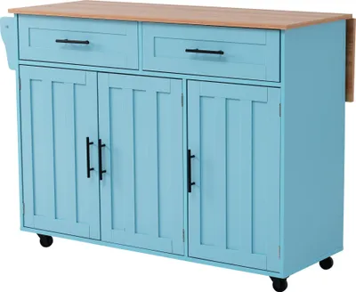 Produktbild von AIORBER Küchenwagen mit ausziehbarer Tischplatte, weißer Marmoroptik, Schubladen, Regale, Rollen & Holzfüßen, Stauraumwunder, Blau