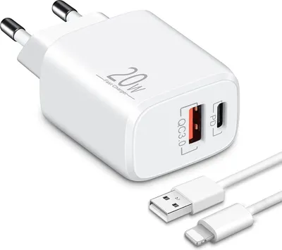Produktbild von Schnellladegerät USB-C + USB-A Dual Netzteil Universal mit Kabel – USB Lightning 1 Meter
