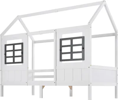 Produktbild von Kinderbett mit Lattenrost, 90x200 cm, Hausbett mit Rausfallschutz, Holzbett aus Kiefer, Jugendbett, Einzelbett