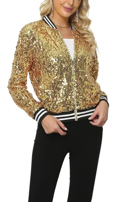 Produktbild von YYPBI Damen Pailletten Jacke Bomberjacke langärmelig glitzernder Bomber Jacke Metallic Festival Konzert Party Jacke mit Taschen Gold M