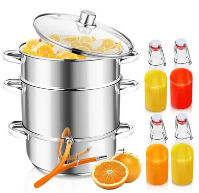 Produktbild von Izrielar Dampfentsafter 8 L aus Edelstahl inkl. 4 Bügelflaschen – Entsafter für Obst & Gemüse, Ø 26 cm, spülmaschinengeeignet, für alle Herdarten inkl. Induktion