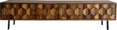 Lowboard Sheesham mit 3D-Fronten, 4 Türen und schwarzen Metallbeinen in Gesamtansicht.